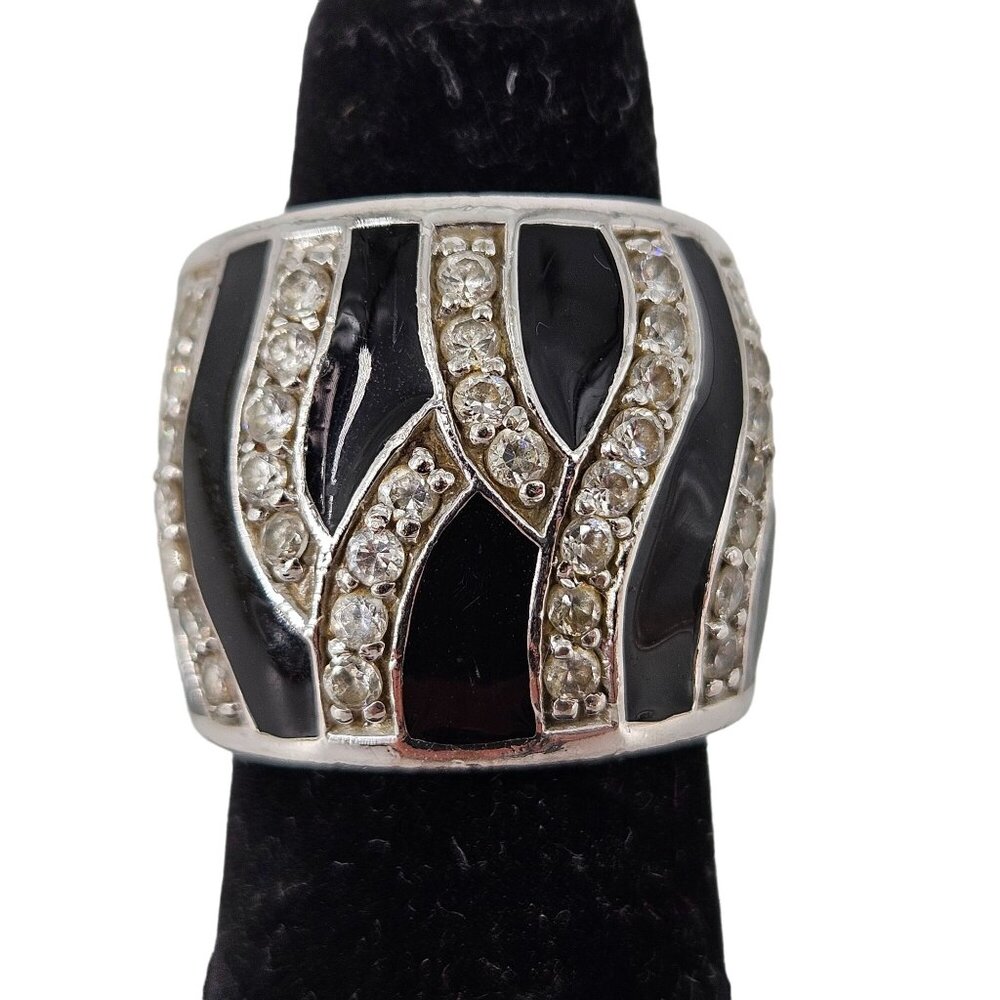 Zebra Dome Ring Statement Cocktail Black White Silver 925 RP Rhodium Plated US 5